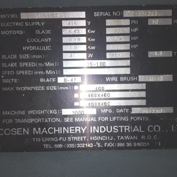 COSEN C-460 NC 460mm Horizontal Bandsaw. Manufactured 2013.