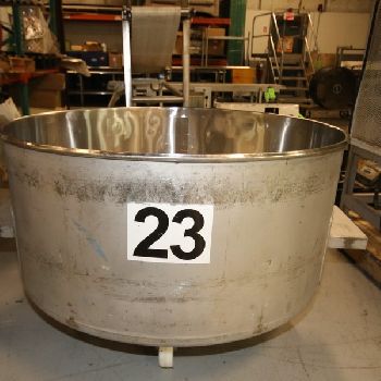 200 gal.Loos#1121-001, 49" diameter, 2’ length, Stainless Steel, mounted on wheels, portable round column dump totes
