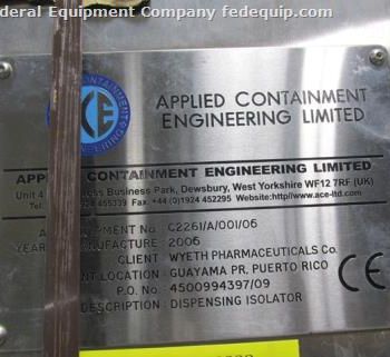 Applied Containment Eng’ g., Stainless Steel Isolator,57" W x 19 D x 32 H chamber,single side,3-glove ports,scale,9.5 pass thru,#48290