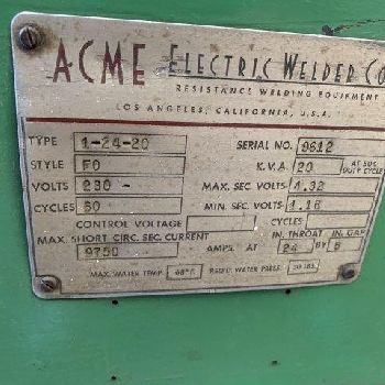 20 KVAAcme#1-24-20, 24" throat, Intertron 108 control,timer,elec foot switch,#5350