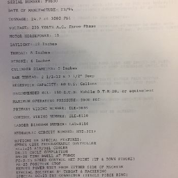 25 Ton,Neff, C-frame down acting hydraulic press, 6" str, 12 DL, 8 thr, open back frame, 1994, #7228