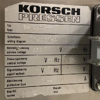 Korsch#PH250/25, rotary tablet press,25 sta,20 Kn pre compression,80 Kn main compression,16mm tablet diameter,1994,#3197-6