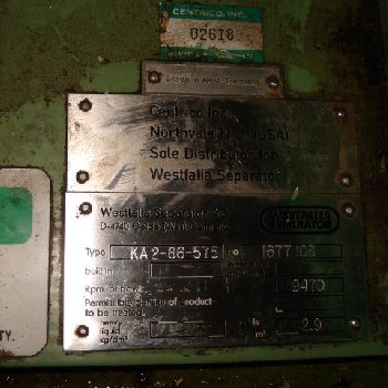 Westfalia#KA2-75-575, Stainless Steel,9470 RPM,centripetal pump disch,Magnetek vari-speed gearbox,1.5 HP,230/460 V.XP,1989,#36333