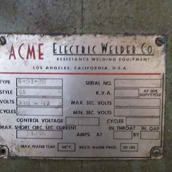 Acme#B-01-20, butt welder, 20 KVA, 3" cylinder, Intertron 105 control, 6 step tap switch, 220/230/240 V., 1 phase, #6727