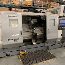 Okuma # SIMULTURN-LU-300, dubbele draaibank CNC-draaibank, 20.9 "swing, OSP-P200L, 14.6 draaidiameter, 39.4 draailengte, spantang, 2008, S39942