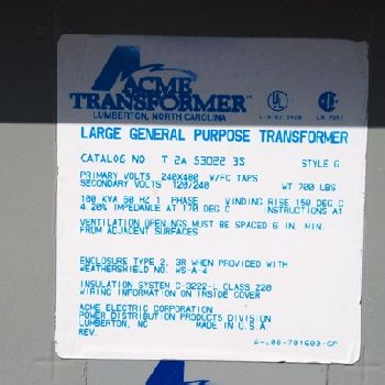 100 KVA 240x480 Pri. 120/240 Sec.,Acme#T2A53022-3S, 700 lb.,3R,4.2 Imp.@ 170C