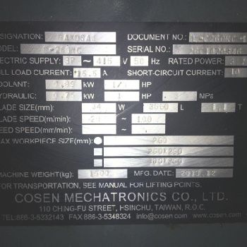 COSEN C-260 NC 260mm Horizontal Hydraulic Bandsaw. Manufactured 2013