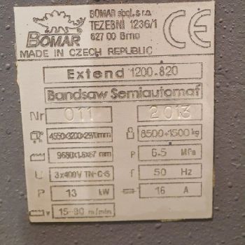BOMAR Extend 1200.820 820mm Double Column Semi Automatic Horizontal Bandsaw. Manufactured 2013.