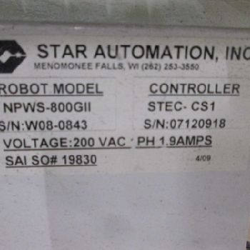 Star Automation NPWS-800 GII 200V CNC Picker Robot New 09 W/STEC-CS1 Cntrl (#18052); Star Automation NPWS-800 GII 200V CNC Picker Robot New 09 W/STEC-CS1 Cntrl