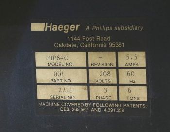 6 Ton HAEGER HP-6C HYDRAULIC INSERTION PRESS, MFG:1992 Our stock number: 10905