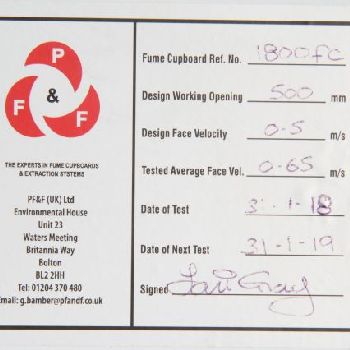 PF &amp; F UK Ltd Bench Mounted Fume Cupboard