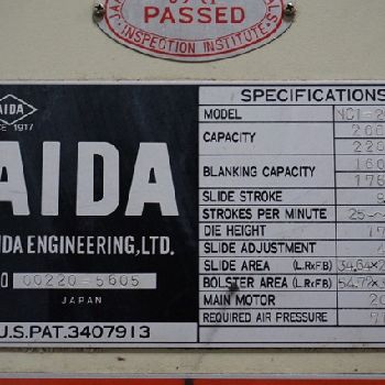 220 Ton,Aida#NC1-200(2), single point gap press,9.8" stroke,A/C &amp; brake,1985,#10400