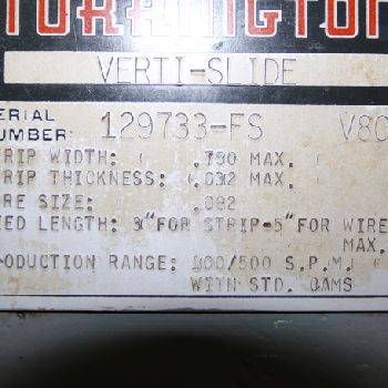 Torrington#V80, Verti-slide machine,500 SPM,standard cams,split cams,#69340