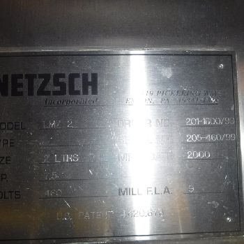 NetzschZeta #LMZ2, media mill, 2 liter chamber volume, jacketed chamber, 7.5 hp, 460 volt motor, 2000, #3257-4