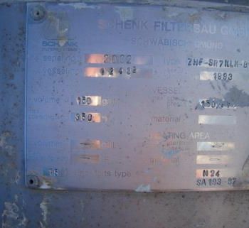 Schenk#ZHF-SR7-KLKB1, 6.5 sq.meter, centrifugal discharge pressure filter, hastelloy C22, 150 psi, 1993, #28470