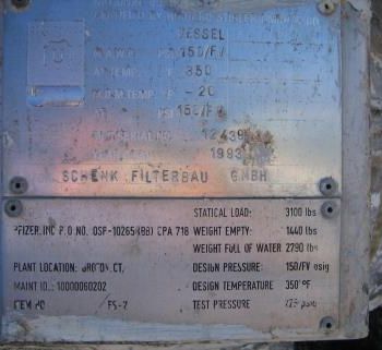 Schenk#ZHF-SR7-KLKB1, 6.5 sq.meter, centrifugal discharge pressure filter, hastelloy C22, 150 psi, 1993, #28470