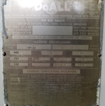 20.5"DoAll#MP-20, 41 x 32 table,1500-10000 FPM,power feed &amp; table tilt,low price,#10361