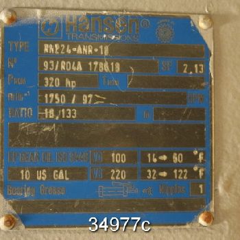 320 HP @ 1750 RPM,Hansen#RNE24-ANR-18, Gear Drive, 18.133:1 Ratio, Unused Storeroom Spare, #34977