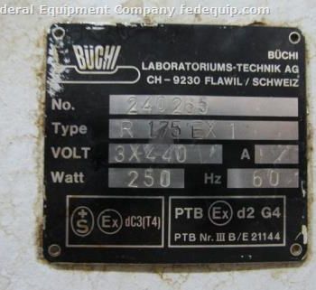 BuchiRotaVap #R-175EX1, heat bath, main lass flask, 1 sq.meter glass coil cond. 250 watt heater, 440 V. w/controls, #46322