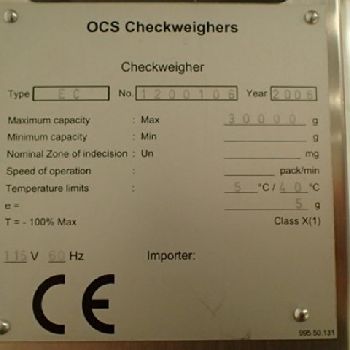 OCS#EC, checkweigher, rated 30000 gram, 115 V., CE rated, serial# 1200106, 2006, #2706-29