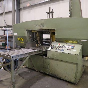 26" x 26Hyd-Mech#H-26A, bandsaw,40-300 FPM,10 HP,32 wheel diameter,25â€™ x 2 x .063 blade,Mitsubishi CNC control,PLC 100,1997
