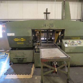 26" x 26Hyd-Mech#H-26A, bandsaw,40-300 FPM,10 HP,32 wheel diameter,25â€™ x 2 x .063 blade,Mitsubishi CNC control,PLC 100,1997