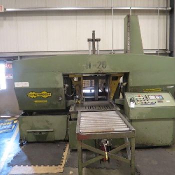 26" x 26Hyd-Mech#H-26A, bandsaw,40-300 FPM,10 HP,32 wheel diameter,25â€™ x 2 x .063 blade,Mitsubishi CNC control,PLC 100,1997
