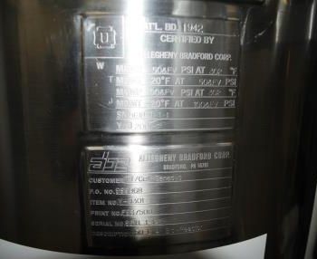 50 literAllegheny Bradford, Stainless Steel reactor,50 psi &amp; FV @ 302°int,jacketed 100 psi &amp; FV @ 302°F,NB #1947,2001 #45336