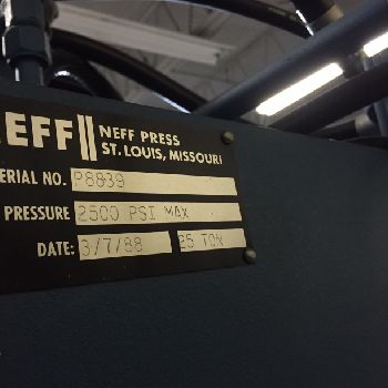 25 Ton,Neff, C-frame down acting hydraulic press, 6" str, 12 DL, 8 thr, open back frame, 1988, #7227