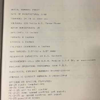 25 Ton,Neff, C-frame down acting hydraulic press, 6" str, 12 DL, 8 thr, open back frame, 1988, #7227