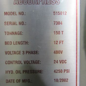 150 Ton,Accurpress, 12â€™ OA,130" BH,ETS 3000 6-Axis CNC,Wila hydraulic clamping,â€™02,#29109