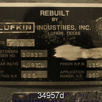 650 HP @ 1354 RPM,Lufkin#S12, Gear Drive, 4.0931:1 Ratio, rebuilt storeroom spare, #34957