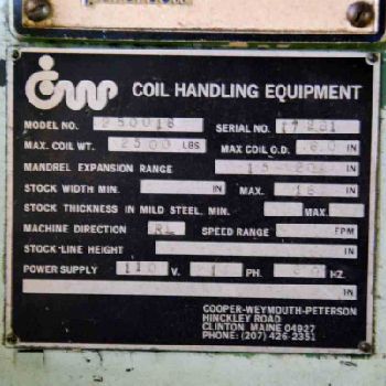 2500 lb.Cooper Weymouth#2500-18, motorized single decoiler, 16" width, #3696