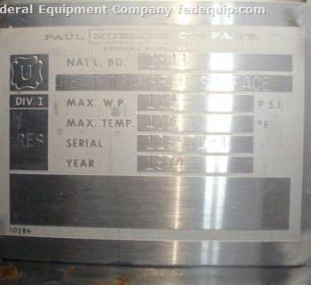 1500 gal.Mueller, 304 Stainless Steel kettle,66" diameter x 95 straight side,open top,dish bottom,jacketed 100 psi @ 400°F,NB #2633,#17957