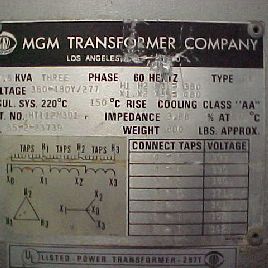 112.5 KVA 380 Pri. 480Y/277 Sec.,MGM, Nema 1