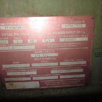 14" x 21DoAll#TF-1421H, 13-1/3 capacity,38 table. ht,1 x 171 blade,350 rpm, hydraulic vise,1987