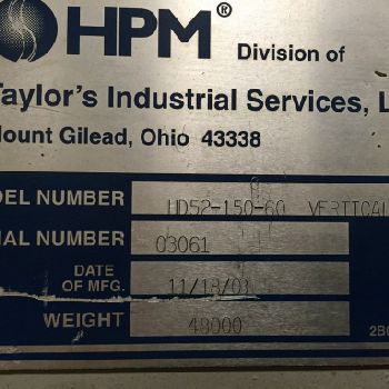 150 Ton,HPM#HD52-150-60St. Side, 60" x 67 bed,13 stroke,24.5 open hght,’03,#25072