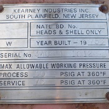 75 psi shell, 50 psi tube,KearneyKarbate shell and tube heat exchanger, carbon steel, 12â€™ long tubes, 1975, #2925-5