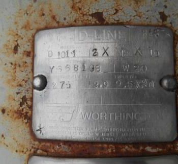 Worthington#1011, 2" x 1 x 10 centrifugal pump, Stainless Steel, 5 HP, #19360