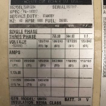 750 KWKohler#750ROZD4, diesel generator, 277/480 V., 1999