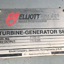 122 KWElliottBYRE III, 1-stage turbine 10400PPH steam 125 psig in, 35 psig exh, 3/60/460V. generator w/A-B controls, #1272242