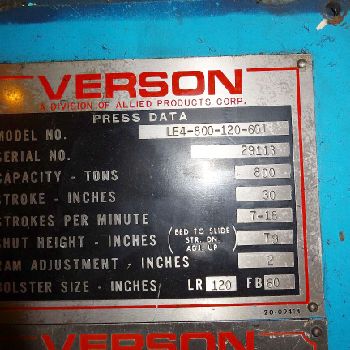 800 Ton,Verson#LE4-800-120-60T, 30" str,79 SH,2 -6 adj, 120 x 60 bed,A/C &amp; brake,’88