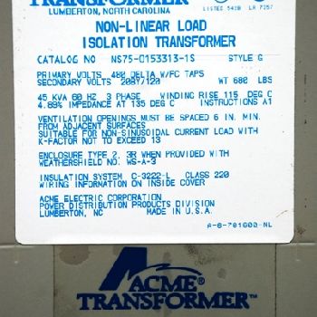 45 KVA 480 Pri. 208Y/120 Sec.,Acme#NS75-0153313-1S, AA, FC taps, N1, new