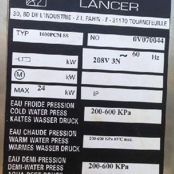 Lancer #1600PCM-SS, Stainless Steel construction, 208 V., 3/60 Hz., serial #0V070044, 2003, #43942