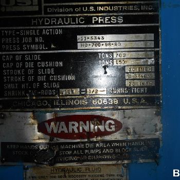 700 Ton,USI Clearing, housing type,30" str,58 DL,97 x 60 bed,150 ton cushion,#B1011