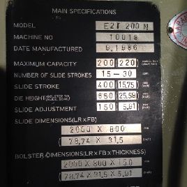 220 Ton,Komatsu#E2T-200N, Eccentric Gear 2 Pt Stainless Steel Press, 15" stroke, 17.72 die height, air clutch &amp; brake, 1986, #13406J