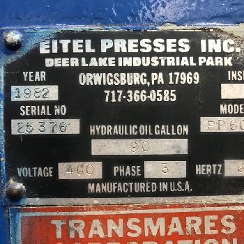 60 Ton,Eitel#RP60, 8" stroke, 24 open height, Modular outboard supports, 1982