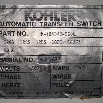 600 Amp.Kohler, 240 V., automatic transfer switch, 240 V., 3-phase, 4 wire