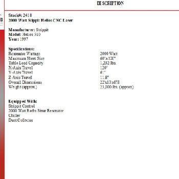 Strippit#HELIOS-510, CNC laser, 2000 watt, 60" x 120 sheet, dust collector, 1997