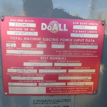 20" x 13DoAll#2013-10, vertical band saw, with welder, 30 x 24 tilting table, 2 HP, 50-5200 fpm, Serial # 339-76307